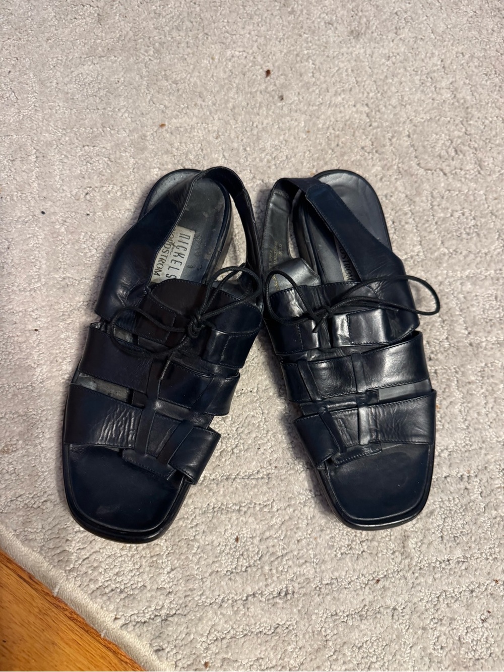 Nickels Black Leather Strappy Lace-Up Sandals